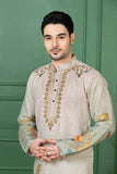 Imperial Beige Linen Ombre Floral Wedding Kurta Set