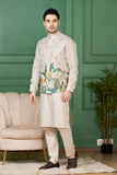 Ivory Linen Botanical Printed Jacket Kurta Set for Men