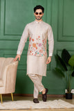Ivory Linen Floral Printed Jacket Kurta Set for Men