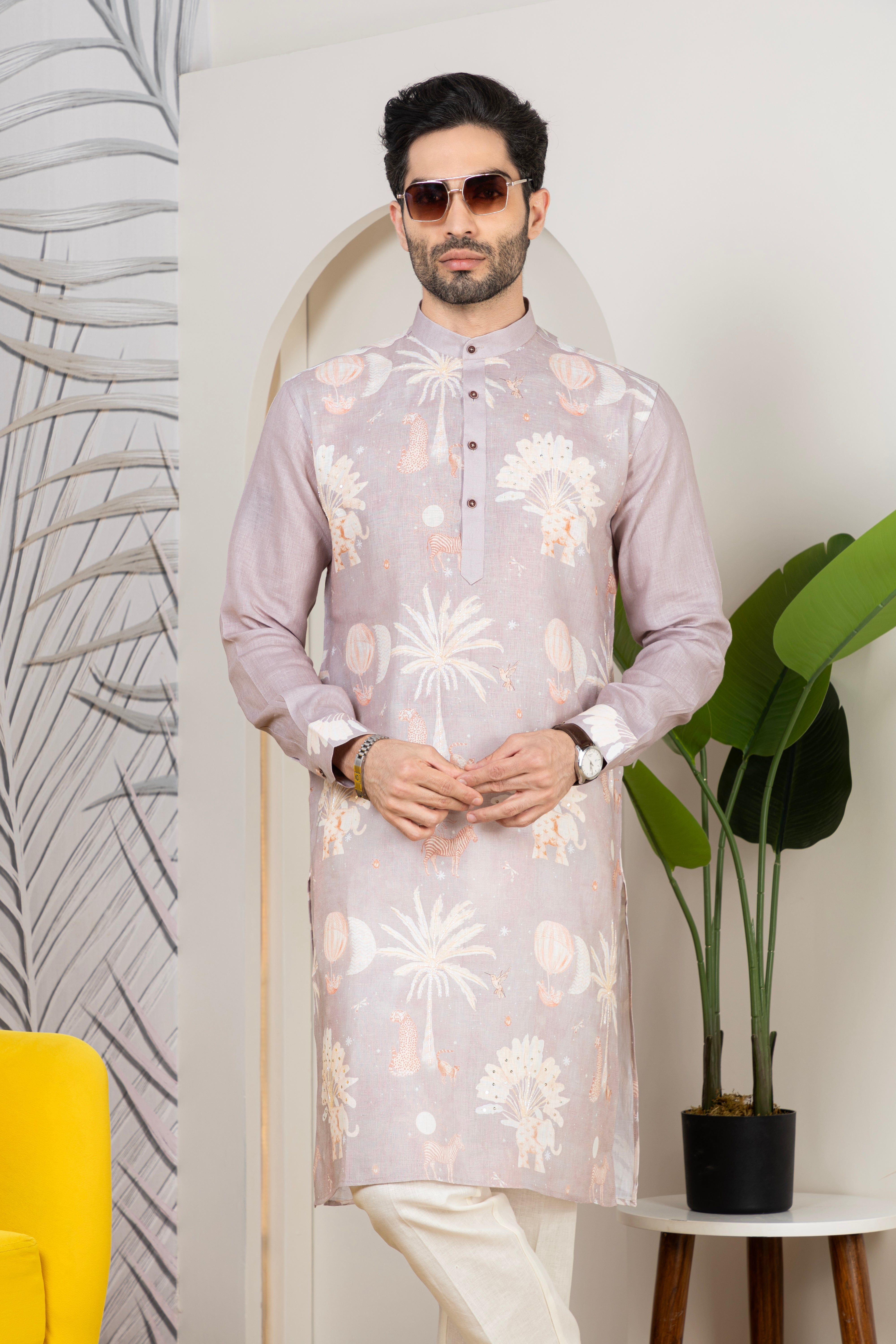 Signature Dusty Mauve Linen Printed Festive Kurta for Men