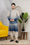 Ombre Blue Linen Embroidered Jacket Kurta Set for Men