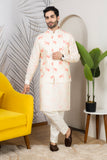Ivory Linen Horse Motif Printed Jacket Kurta Set for Men