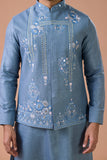 Steel Blue Linen Embroidered Nehru Jacket Kurta Set