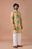 Mustard Floral Printed Festive Kurta Set for Men