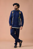 Navy Blue Floral Embroidered Nehru Jacket Kurta Set for Men