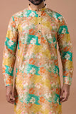 Mustard Floral Printed Festive Kurta Set for Men