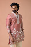 Rust Pink Embroidered V-Neck Wedding Kurta Set for Men