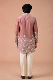 Rust Pink Embroidered V-Neck Wedding Kurta Set for Men
