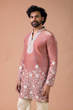 Rust Pink Embroidered V-Neck Wedding Kurta Set for Men