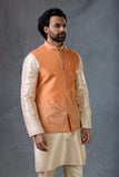 Peach & Beige Wedding Kurta with Embroidered Waistcoat