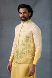 Mustard Embroidered Nehru Jacket Kurta Set for Men