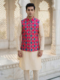 Rani Pink & Royal Blue Geometric Pattern Nehru Koti for Men