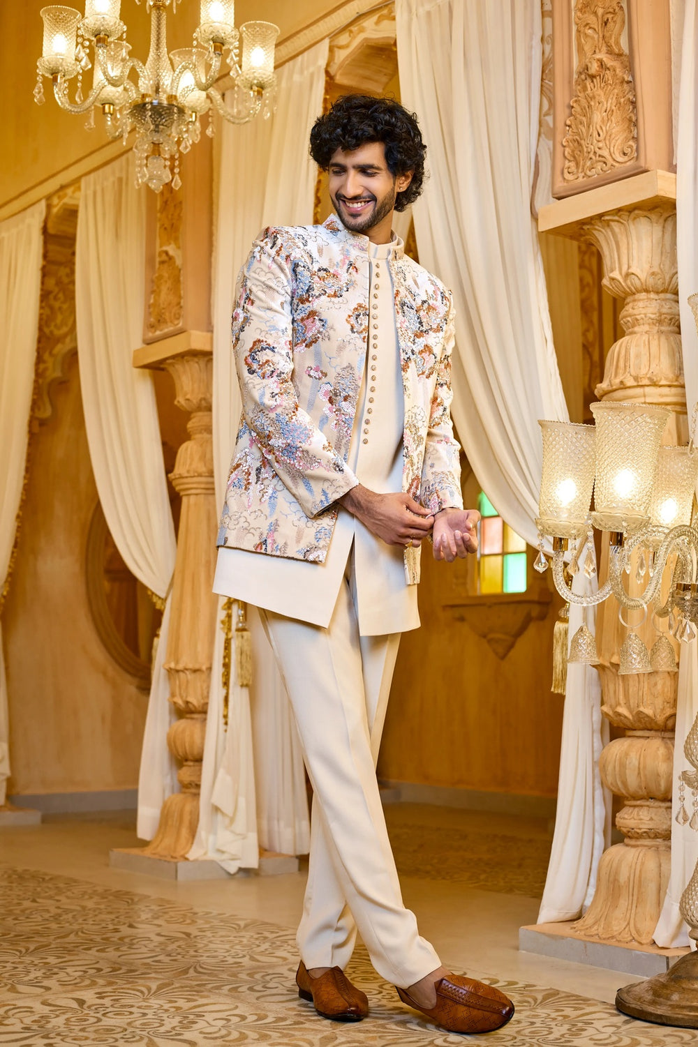 Beige Embroidered Indo-Western Suit for Men