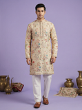 Beige Floral Embroidered Kurta for Men