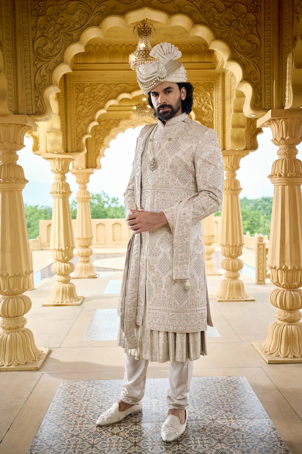 Beige Gold Jardozi Sherwani with Pearl Handwork