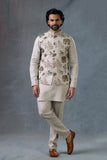 Beige Linen Kurta Set with Embroidered Nehru Jacket