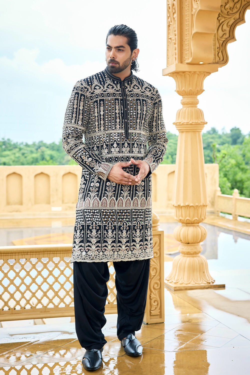 Black Mirror & Gold Zari Embroidered Kurta Set