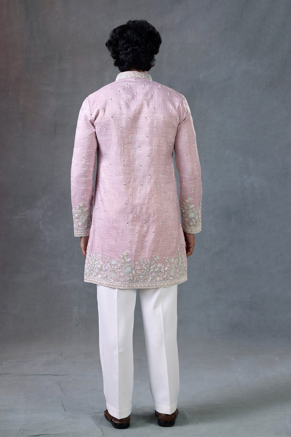 Blush Pink Embroidered V Neck Wedding Kurta Set For Men Ceremony Outfit