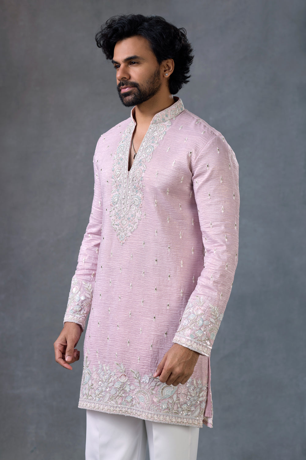 Blush Pink Embroidered V Neck Wedding Kurta Set For Men Festive Attire