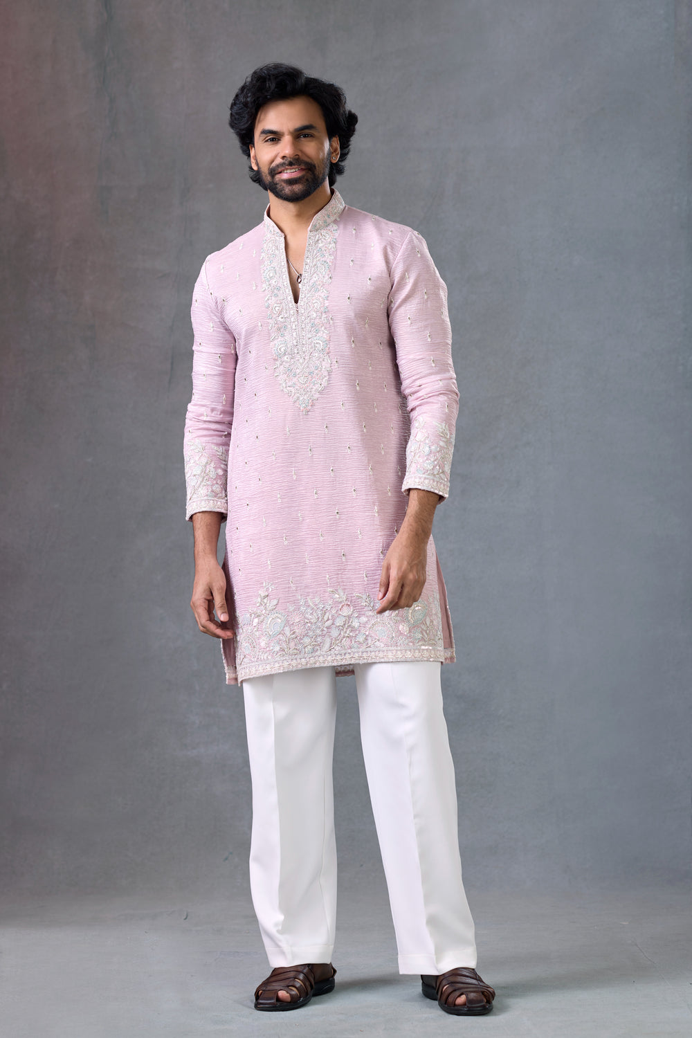 Blush Pink Embroidered V Neck Wedding Kurta Set For Men Groom Outfit