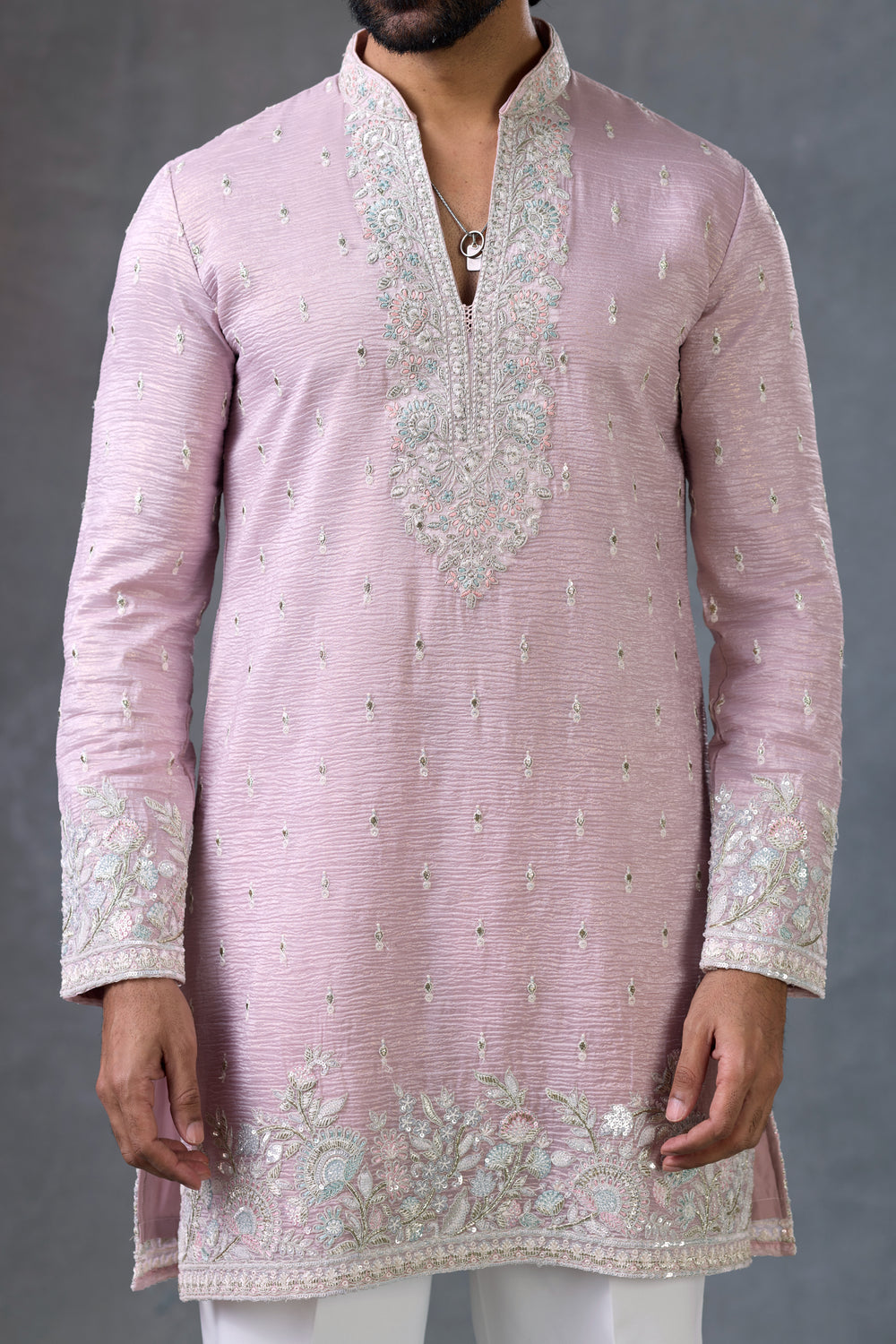 Blush Pink Embroidered V Neck Wedding Kurta Set For Men Party Wear