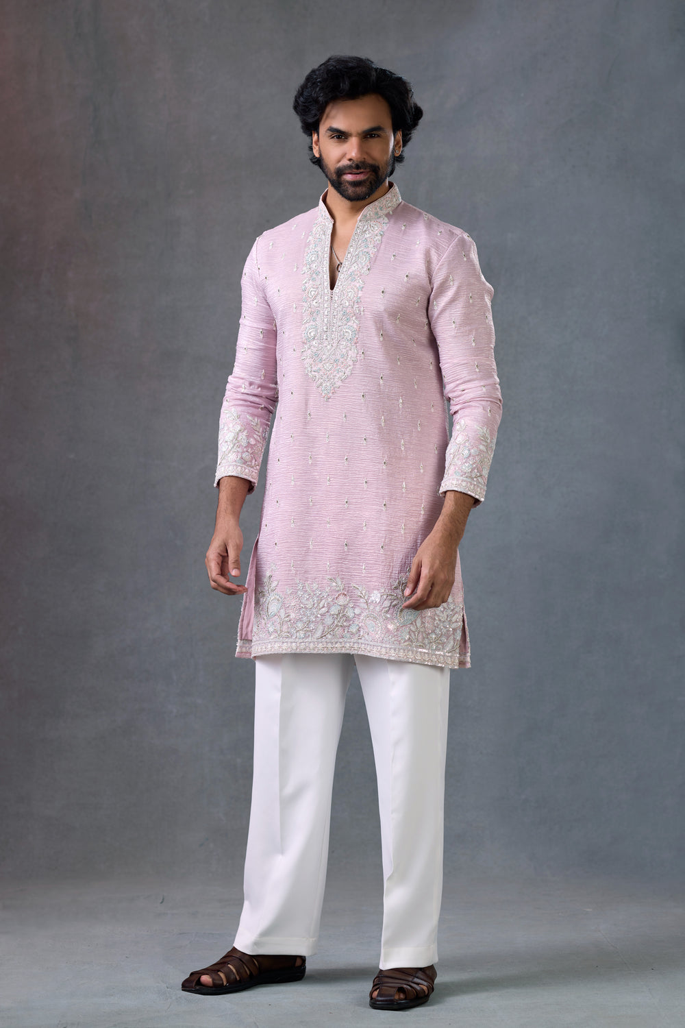 Blush Pink Embroidered V Neck Wedding Kurta Set For Men Traditional Outfit