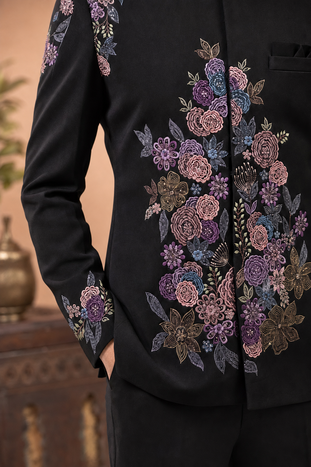 Classic Black Floral Embroidered Jodhpuri Suit for Men