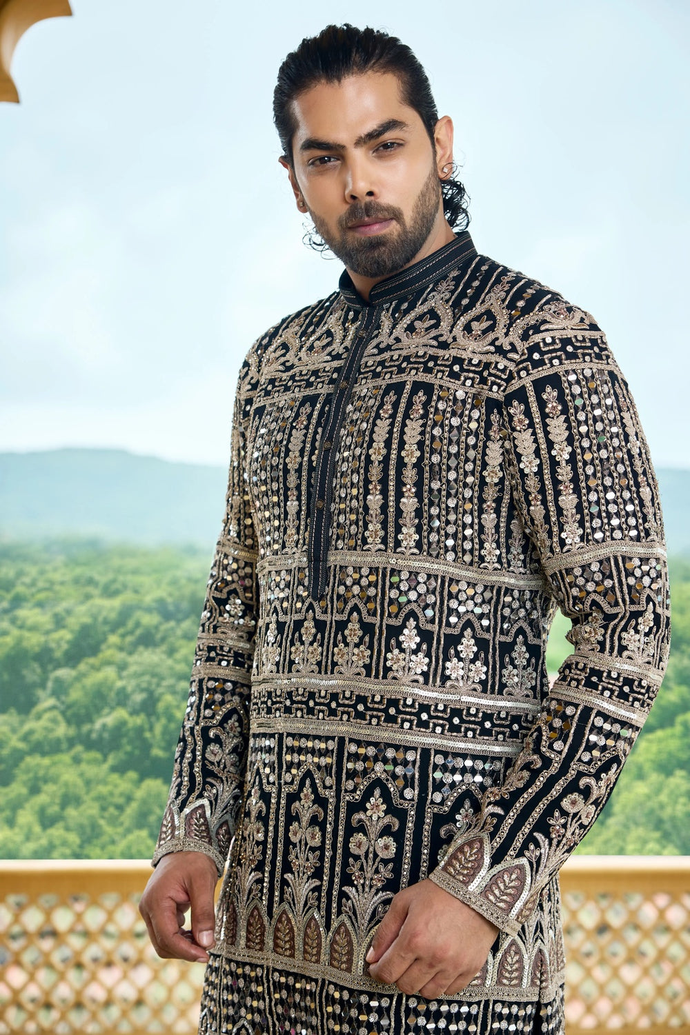 Designer ethnic wear black mirror and gold zari kurta set