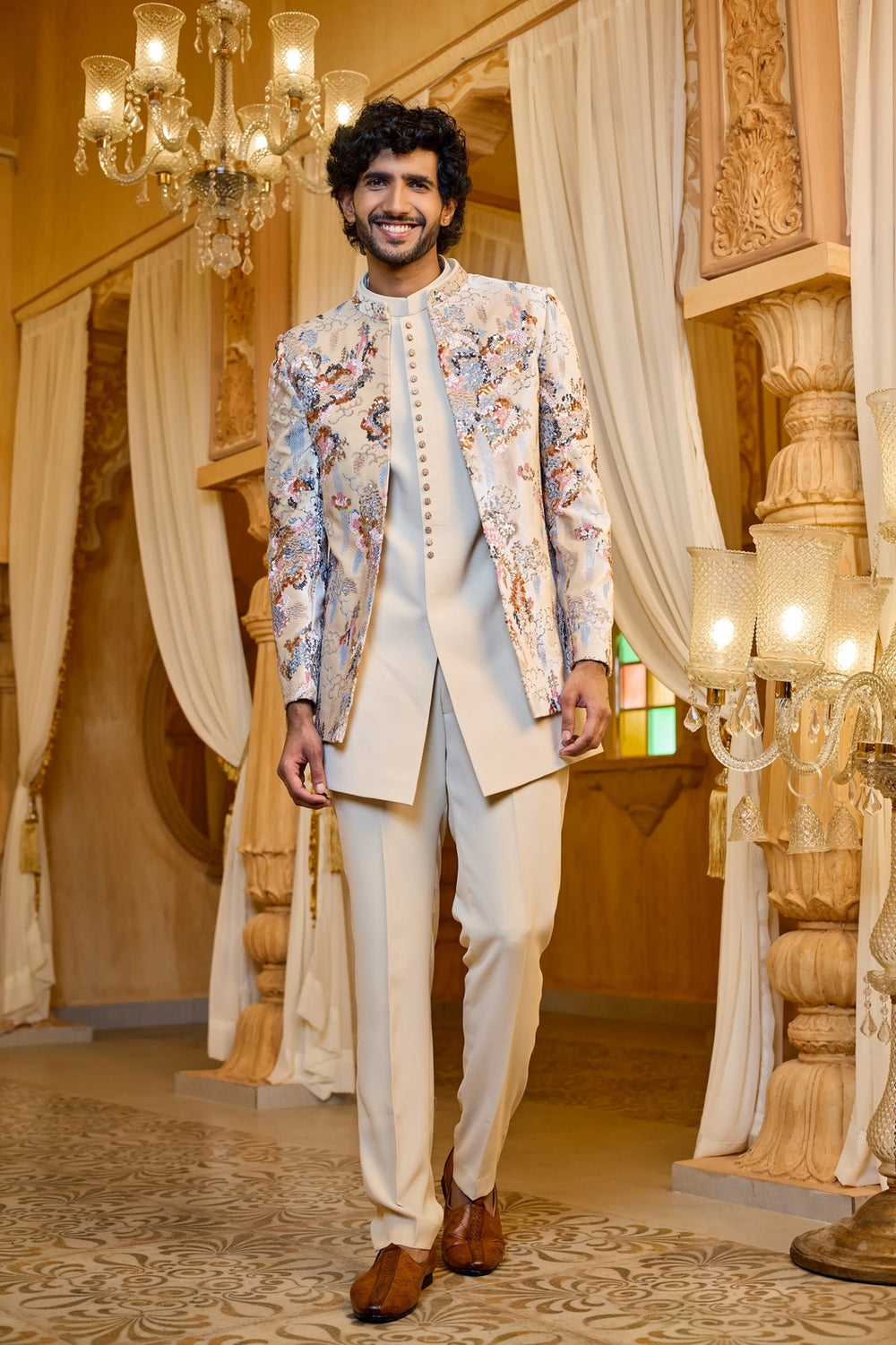 Designer indo-western kurta - Beige Embroidered Indo-Western Suit for Men