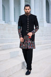 Designer indo-western kurta - Black Indo-Western with Multicolour Handwork
