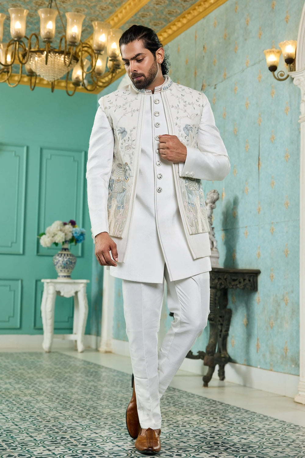 Designer indo-western kurta - Ivory Pastel Handwork Indo-Western