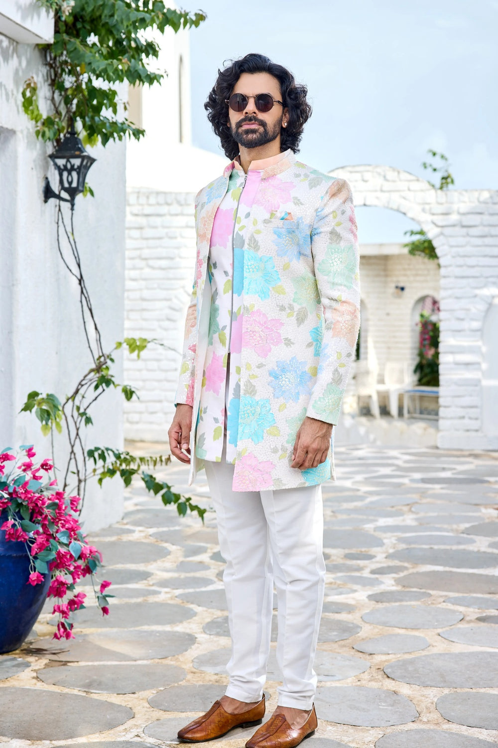Designer indo-western kurta - Pastel Floral Printed Indo-Western for Men