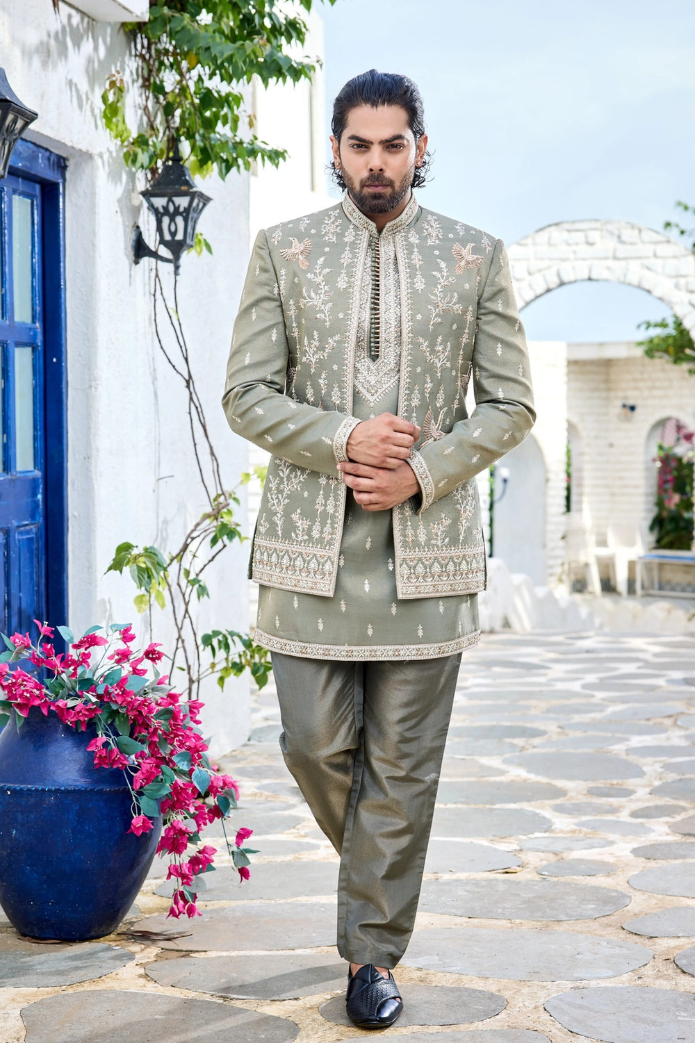 Designer indo-western - Mehendi Green Indo-Western with Gold Hand Embroidery