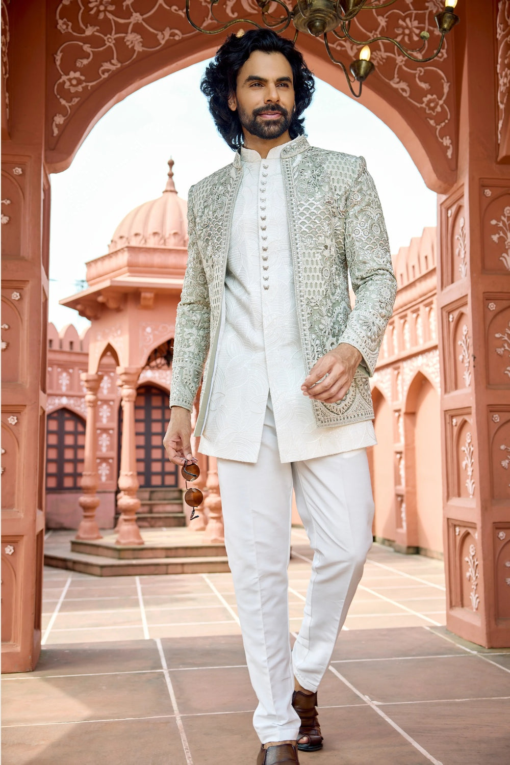 Designer indo-western - Pista Green Embroidered Indo-Western for Men