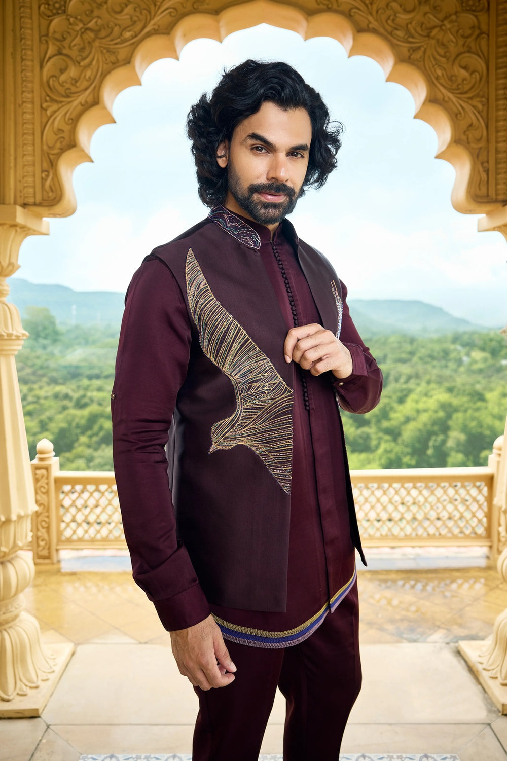 Designer indo-western - Wine Eagle Motif Short Jacket Indo-Western Set