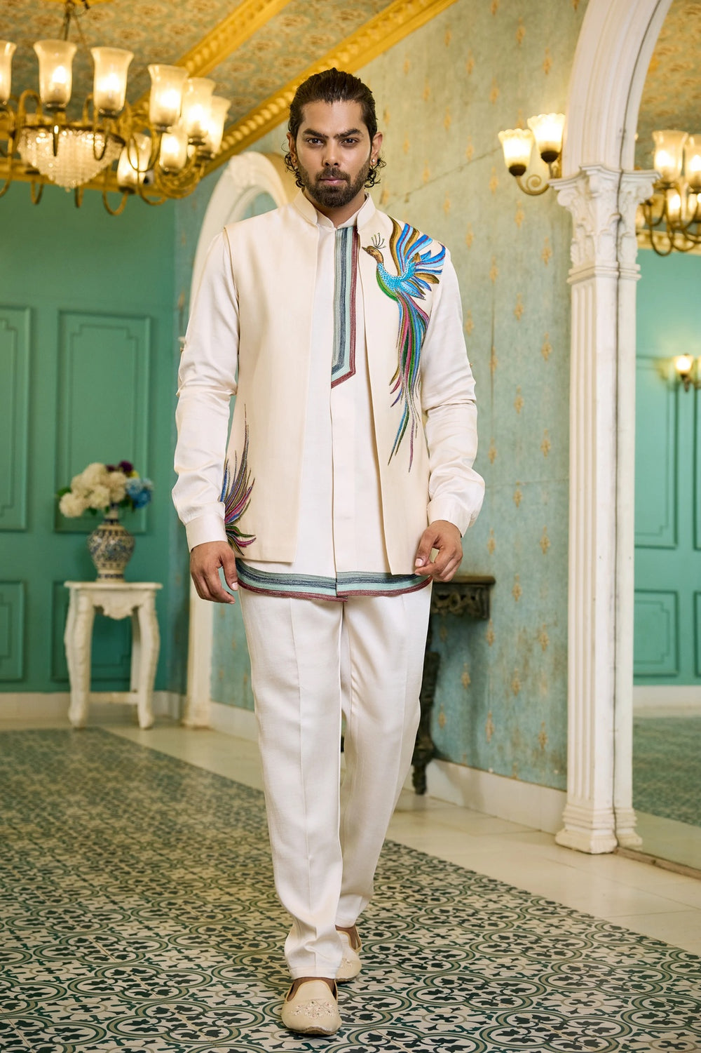 Designer jacket kurta - Ivory Peacock Glory Indo-Western