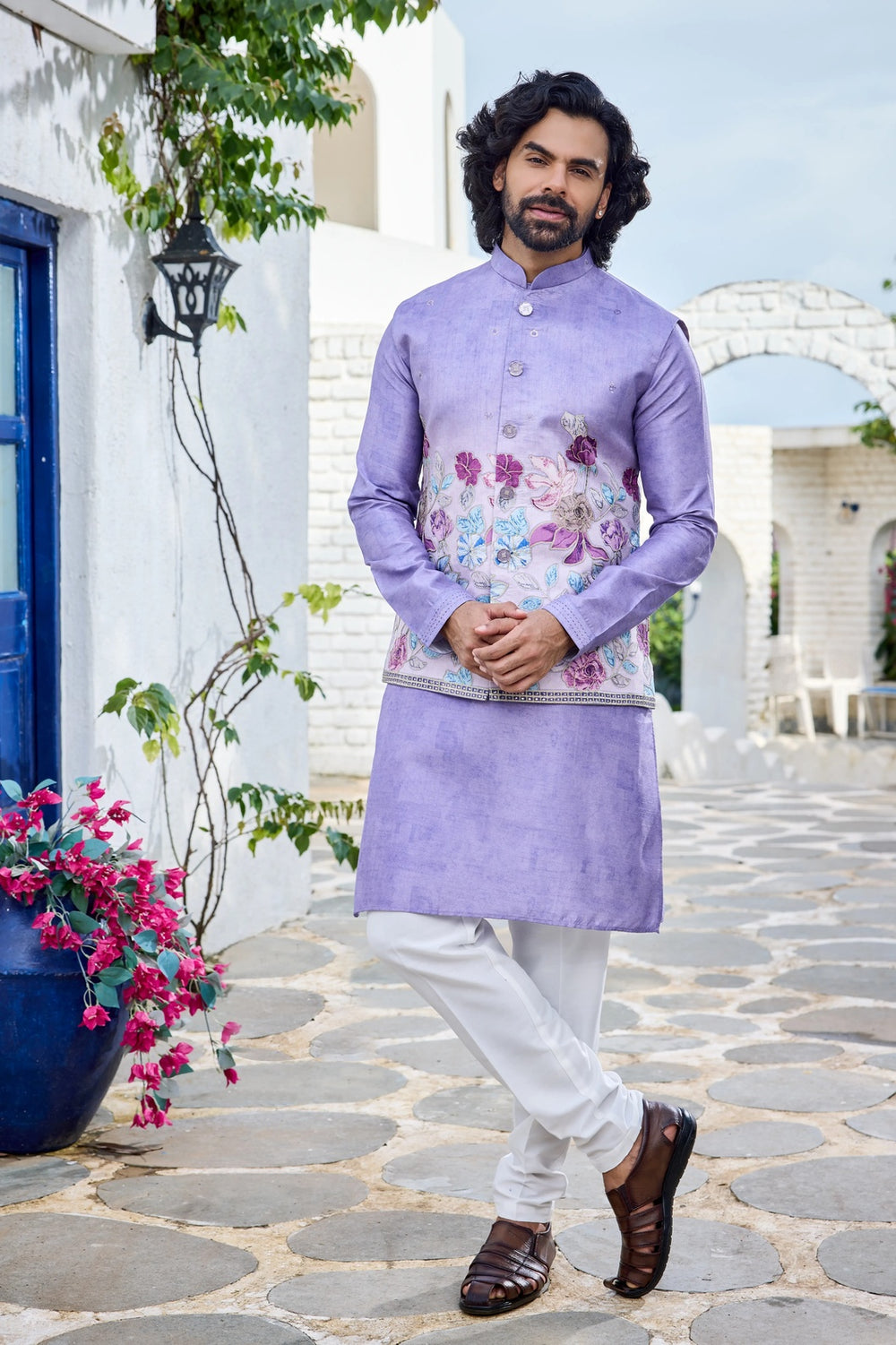 Designer jacket kurta - Lavender Silk Kurta Set with Floral Printed Jacket