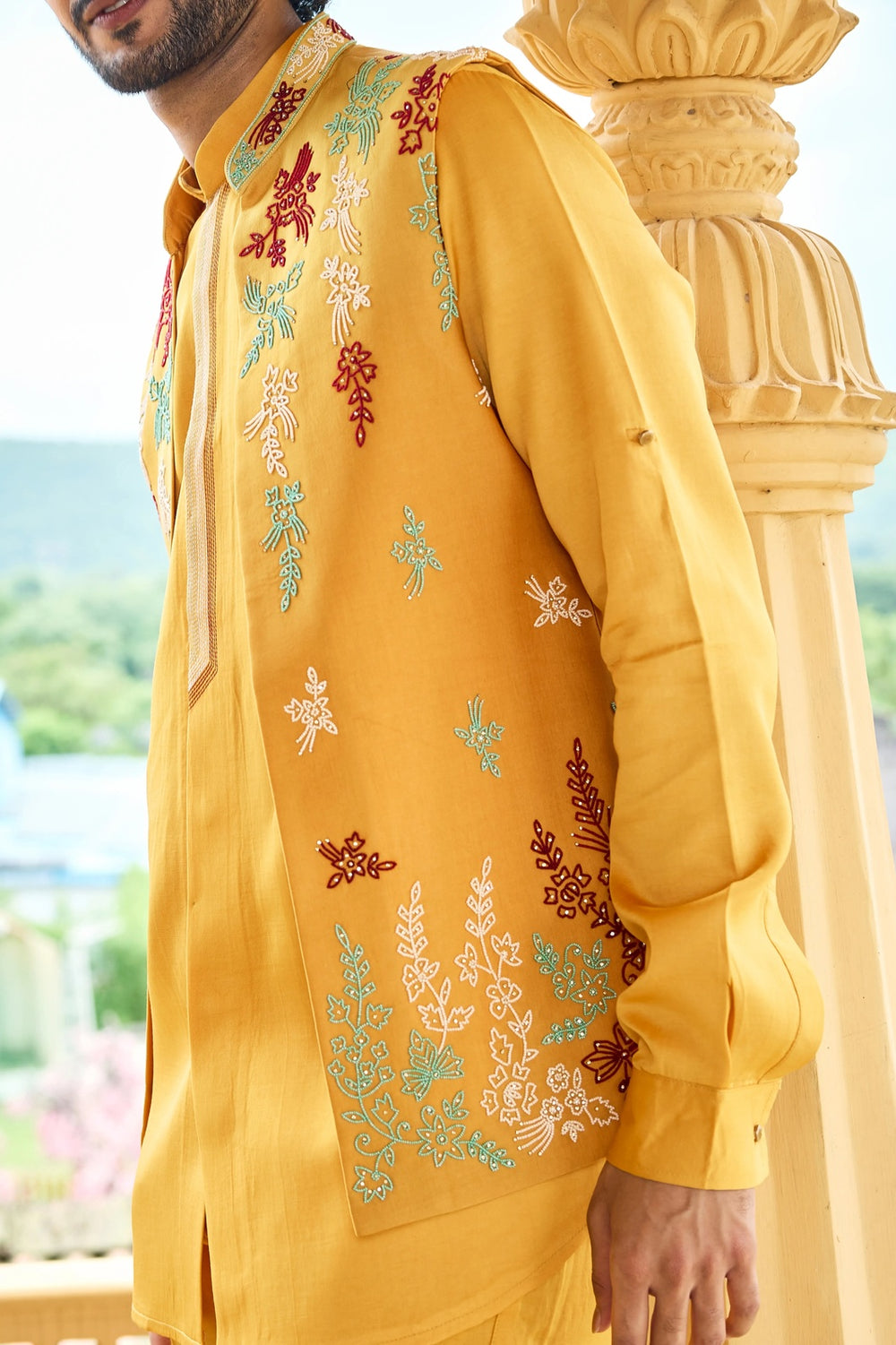 Designer jacket kurta - Mustard Yellow Floral Embroidered Jacket Set
