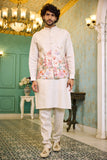 Designer jacket kurta - Natural Linen Floral Pastel Jacket Kurta Set