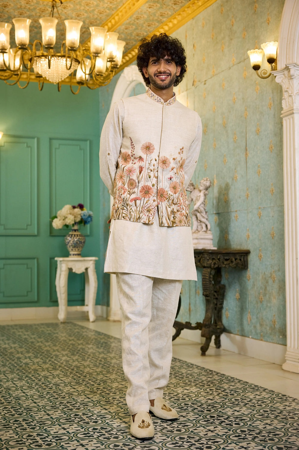 Designer jacket kurta - Natural Shade Linen Floral Jacket Kurta Set