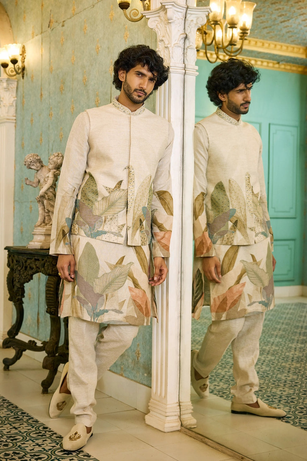 Designer jacket kurta - Natural Shade Linen Leaf Print Jacket Kurta Set