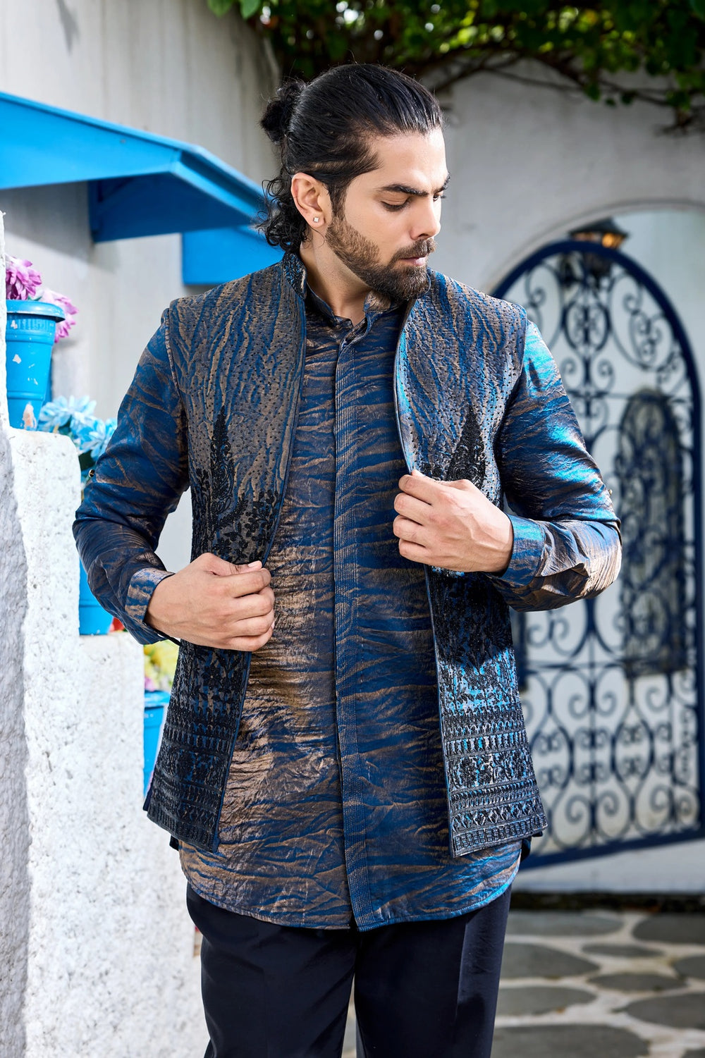 Designer jacket kurta - Royal Blue Open Jacket Kurta Set with Metallic Detailing