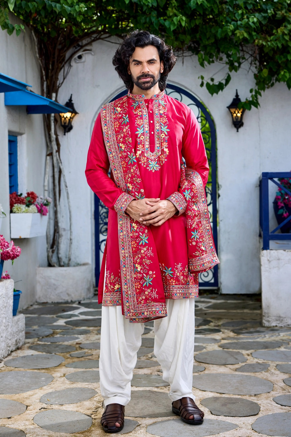 Designer Kurta Set – Dark Pink Floral Embroidered Kurta Set with Dupatta