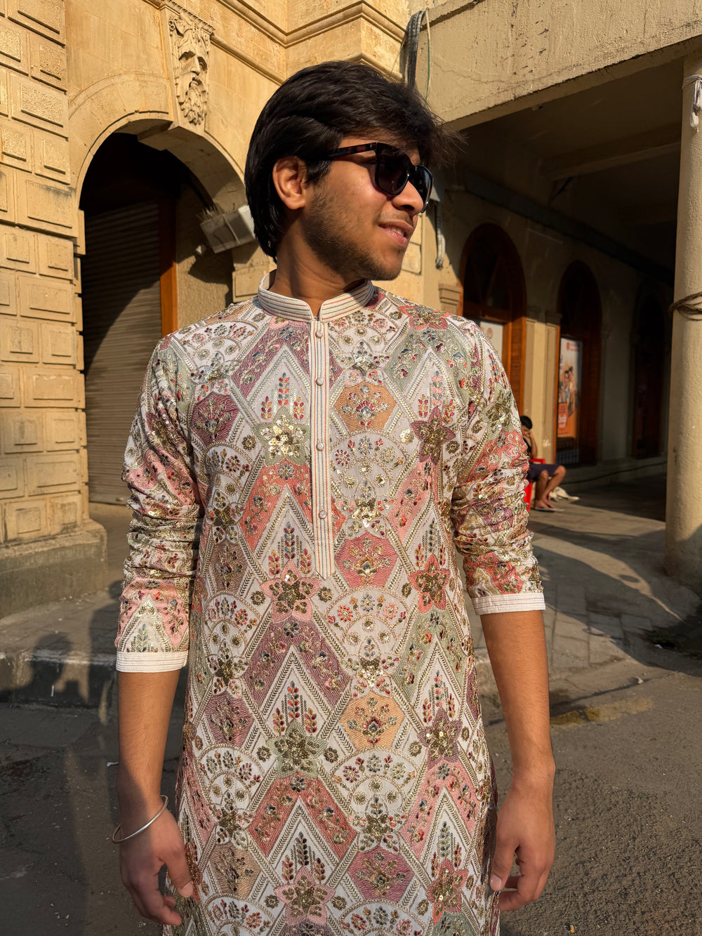 Designer men ivory multicolor embroidered kurta
