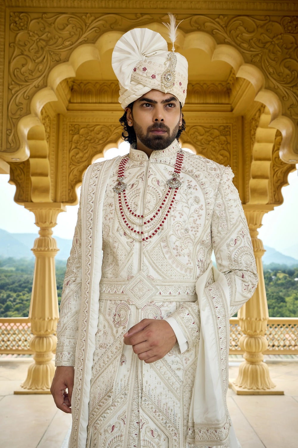 Designer sherwani - Ivory Maharaja Wedding Sherwani with Maroon Touch