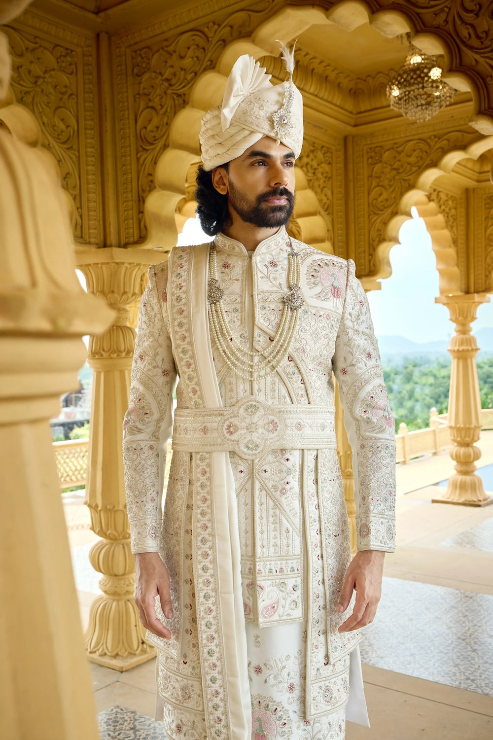 Designer sherwani - Ivory Pastel Embroidered Groom Sherwani with Belt & Dupatta