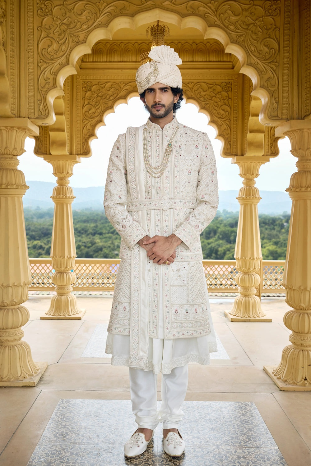 Designer sherwani - Ivory Regal Anarkali Sherwani with Dupatta