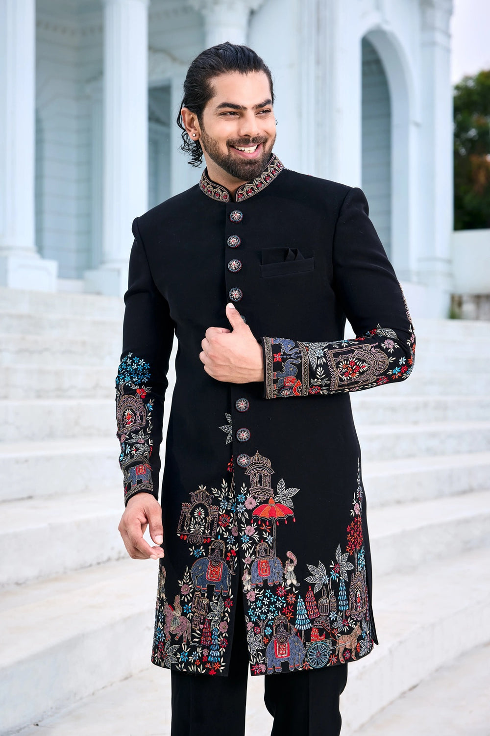 Embroidered indo-western kurta - Black Indo-Western with Multicolour Handwork