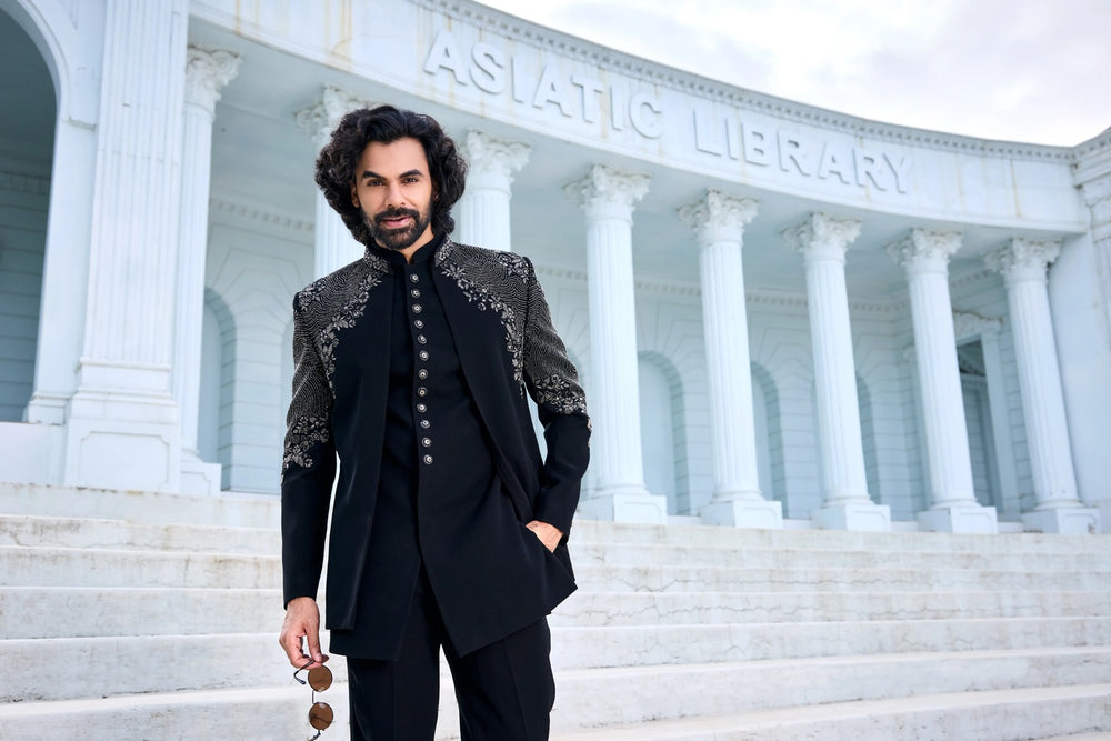 Embroidered indo-western kurta - Black Indo-Western with Silver Embroidery
