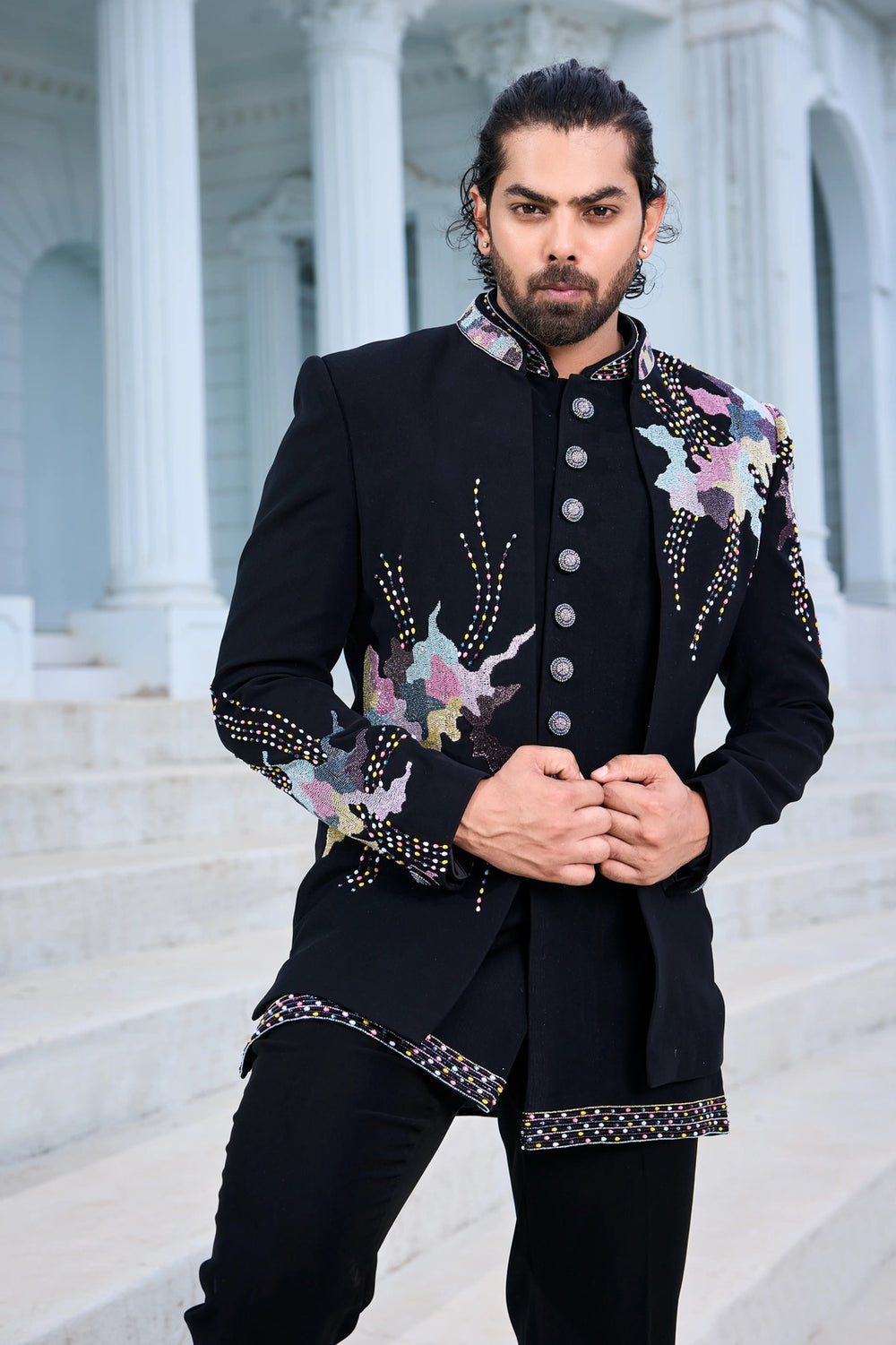 Embroidered indo-western kurta - Blue Indo-Western with Multicolour Hand Embroidery